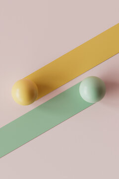 3D render of yellow and green bars with spheres over pink background