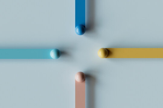 3D render of multi colored bars with spheres against blue background
