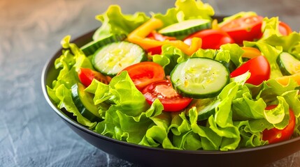 fresh and vibrant salad with tomatoes, cucumbers, bell peppers, and lettuce in a black bowl - healthy eating concept.