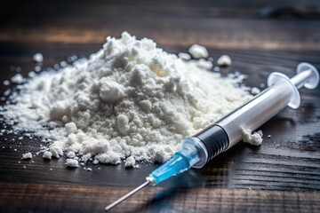 syringe and white cocaine powder. Drug addiction issue