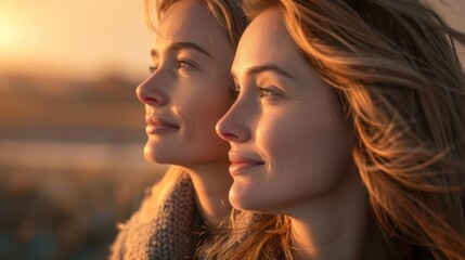 Obraz premium Two Women Standing Next to Each Other One With Her Hair Blowing in the Wind - Generative AI