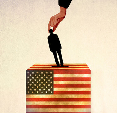 Illustration of oversized hand inserting man into American ballot box
