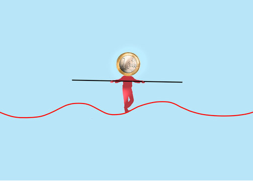 Illustration of tightrope walker with euro coin head walking on wavy line