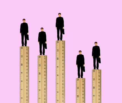 Illustration of businessmen standing on rulers against pink background