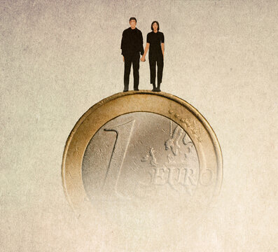 Illustration of couple standing on fading away oversized Euro coin