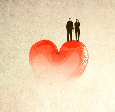 Illustration of couple standing on fading away oversized heart shape
