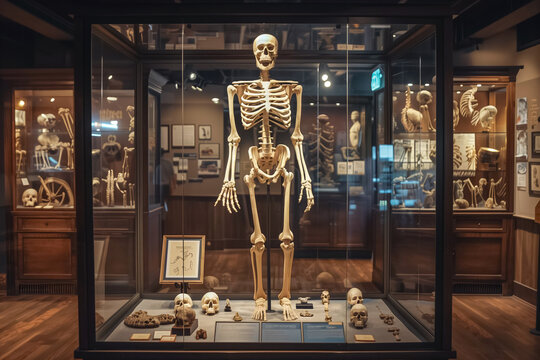 In a museum exhibit, a skeleton is showcased amidst a collection of educational information and specimens, providing insights into anatomy and culture