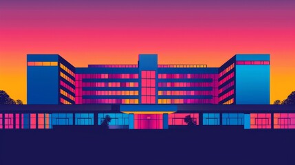 modern building silhouette at sunset with vibrant neon lights and minimalist design