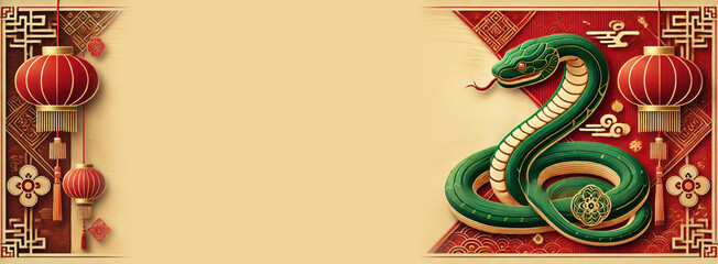 Green snake elegantly coiled against festive red and gold backdrop adorned with lanterns and traditional patterns, embodying the spirit of Chinese New Year.