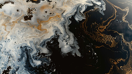 Obraz premium Aerial view of an oil puddle with visible swirls and black liquid on the surface