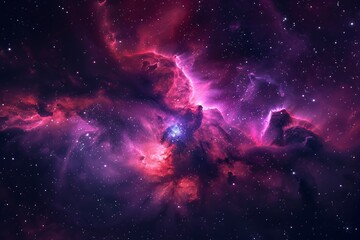The nebula M20 rose cat, made of red and purple gas clouds in the night sky, is visible with its vibrant colors against black space. A starry background creates an enchanting scene. High resolution, p