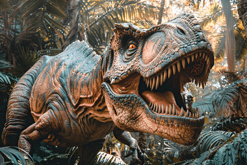 Fototapeta premium Generative ai on theme of big scary hungry dinosaur with kind eyes and sharp teeth destroying park