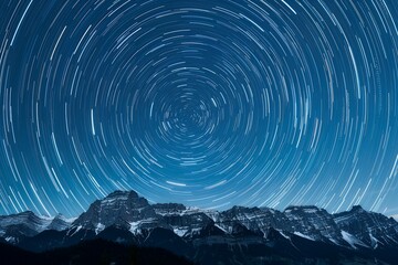 The starry sky is full of circular long exposures, with star trails visible in the night sky over mountains. A long time exposure photo captures stars spinning around the North Star Polaris, creating 