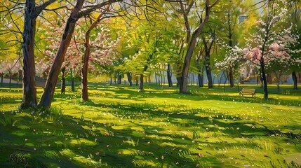 Fototapeta premium A park in spring, with blooming flowers, lush green grass, and vibrant trees creating a picturesque and lively scene.