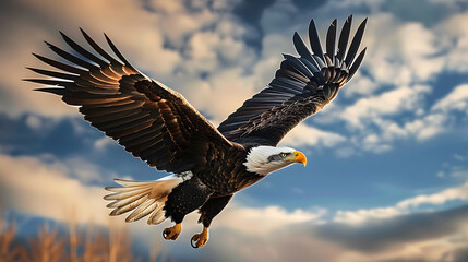 Obraz premium American eagle soaring with flag patriotic theme for memorial day, veterans day, or fourth of july