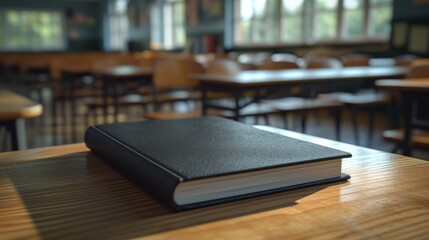 A Black Book Sits on Top of a Wooden Table in the Middle of a Classroom - Generative AI