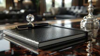 Obraz premium A Black Pen Sits on Top of a Black Notebook on a Table - Generative AI