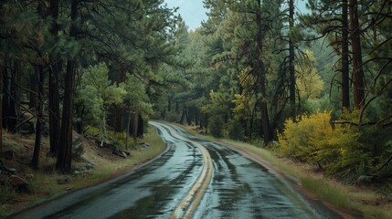 Fototapeta premium A winding road through a dense forest, lined with trees and surrounded by natural greenery.