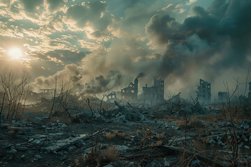 Fototapeta premium Generative ai on theme of city destroyed street flooded after massive floods and natural big rains