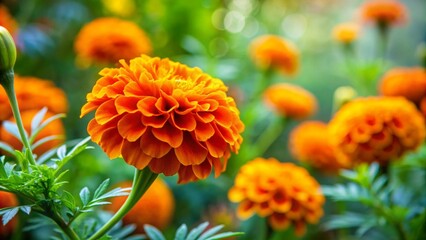 A bright orange marigold at the end of a green branch, with a soft-focus garden scene in the background.