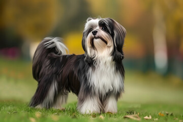long haired Havanese dog walking on green grass in late summer on blurred background