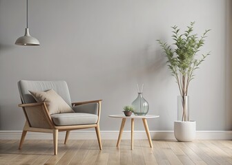 Fototapeta premium Minimal interior design in Scandinavian style living room with chair and glass vases on big empty wall banner. Mock up template copy space for text