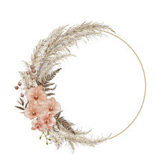 Rustic bohemian pampas and orchid floral wreath, watercolor dried floral frame