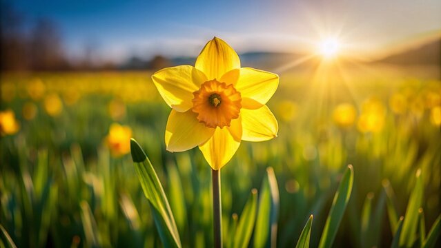 A single yellow daffodil at the end of a thin green stem, with a background of a sunlit field.