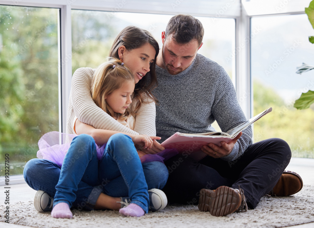 Wall mural Family, reading and girl with story in home, bonding and love for child development and imagination. Storytelling, fiction and kid or people in apartment, concentration or literacy growth with care