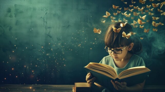 Dyslexia Awareness Month. Girl reading a book in glasses with butterflies around her head. Horizontal banner. Copy space. Dysgraphia, dyslexia and learning difficulties concept. ADHD. Back to school