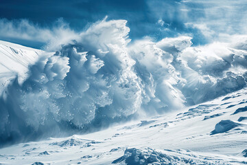 Generative ai on theme of descent of an huge avalanche from the mountain, winter nature landscape