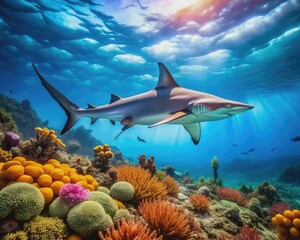Naklejka premium A majestic hammerhead shark swims alone near a vibrant coral reef, its unmistakable shape contrasted against the serene, transparent blue ocean water.