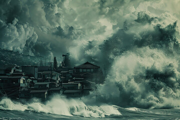 Fototapeta premium Generative ai on theme of a scary tsunami with huge foamy wave, apocalyptic dramatic background
