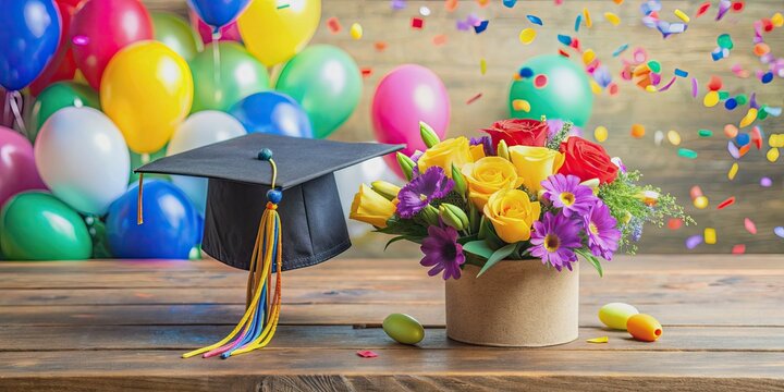 Colorful mortarboard hat and bright bouquet of balloons on a wooden desk, surrounded by congratulatory notes and confetti, symbolizing academic achievement and success.