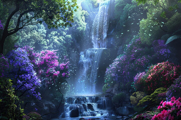 Obraz premium Generative ai on theme of beautiful majestic waterfall in natural nature, national park attraction