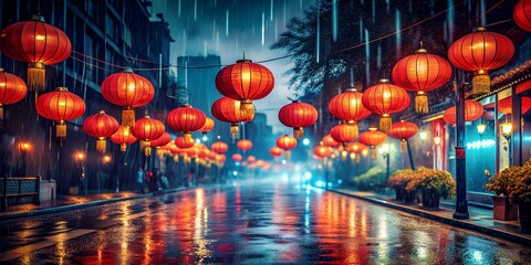 Rain on the road at night with red lanterns in the foreground Creative AI
