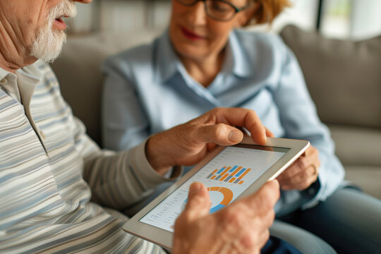 Elderly couple using a tablet device together, analyzing charts and graphs on the screen. Senior technology adoption, data analysis, aging population, digital literacy, health monitoring. - Powered by Adobe