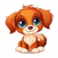 Cute cartoon puppy illustration with big blue eyes, sitting and smiling on a white background, perfect for kids' designs and playful themes.