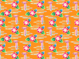 ハイビスカスの沖縄の紅型背景