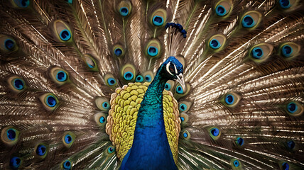 Obraz premium A peacock with its feathers fanned out, symbolizing beauty and confidence.