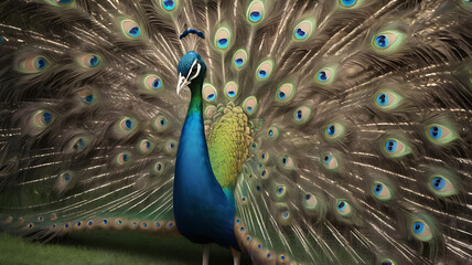 Obraz premium A peacock with its feathers fanned out, symbolizing beauty and confidence.