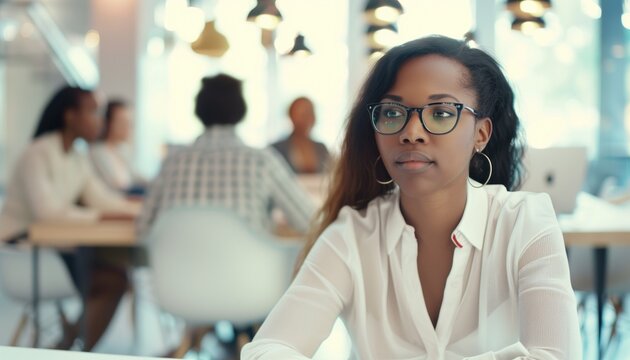 Woman in a modern coworking space with colleagues discussing projects in the background. Office teamwork, collaborative workspace, professional environment, business meeting, remote work setting.