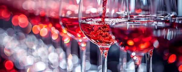 Pouring wine glasses Buffet table celebration of wine tasting.