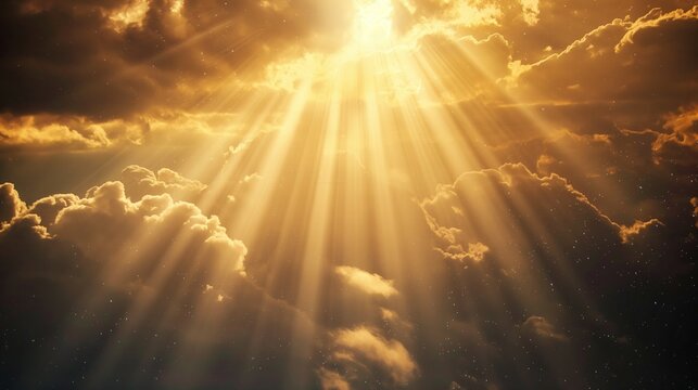Sunlight shining through dark clouds rays of yellow holy lights