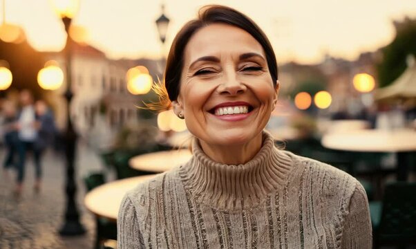 Close-up portrait video of a grinning woman in her 40s that is wearing a chic cardigan against a parisian or european cafe background