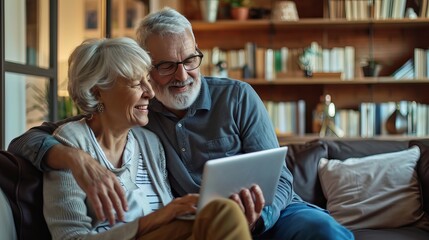 Mature couple enjoying a video call with their financial advisor from their home, discussing savings and investments, cozy and inviting setting, clear communication