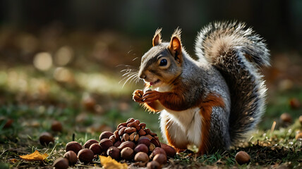 Obraz premium A squirrel collecting nuts, symbolizing preparation and resourcefulness.