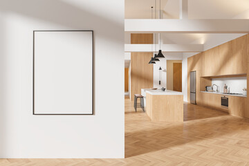 Framed blank poster mockup in modern kitchen interior. 3D Rendering