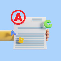 Cartoon hand with assessment paper with A grade, school education