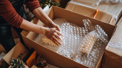 Individual carefully packing fragile items with bubble wrap, preparing for a move, with boxes and supplies neatly organized around them